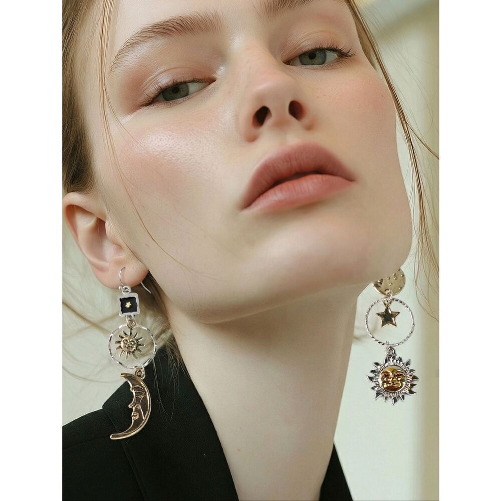 Celestial Moon Star Earrings Mismatched Two Tone Dangle Sun Hoop Statement Magic